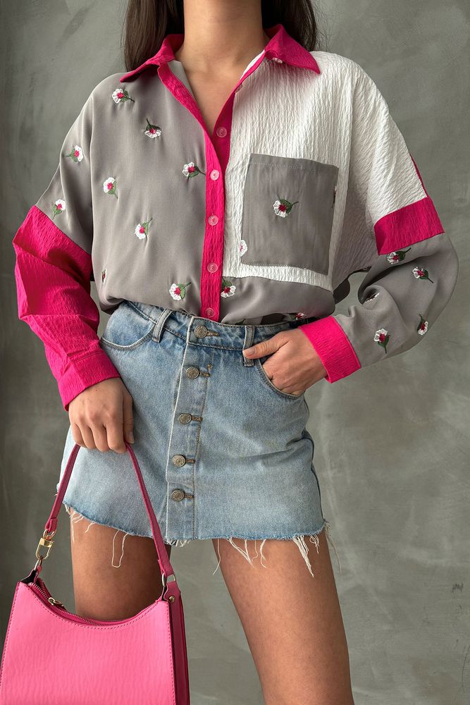 Chemise imprimée grise et fuchsia