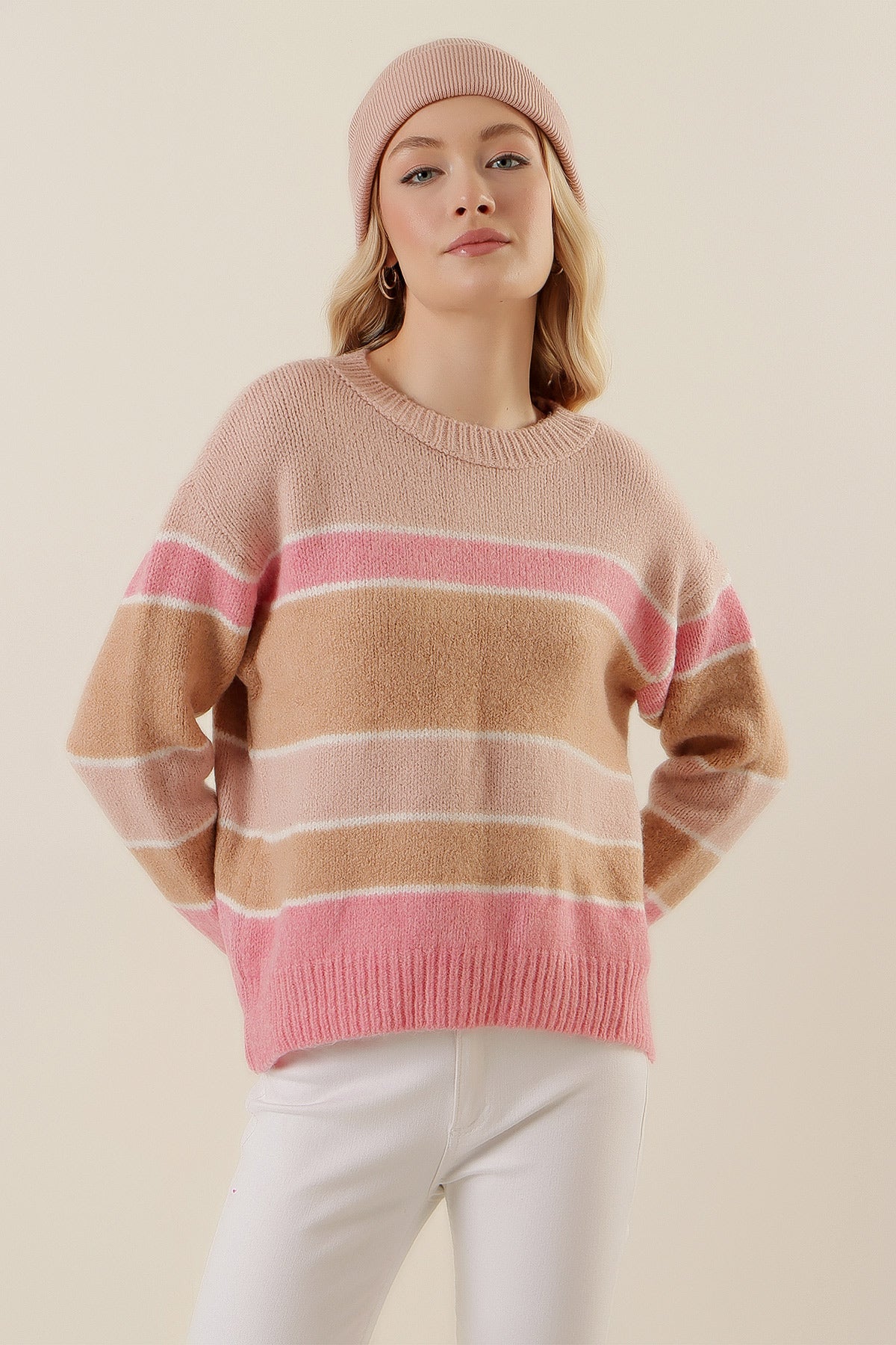 Pull rayée beige et rose