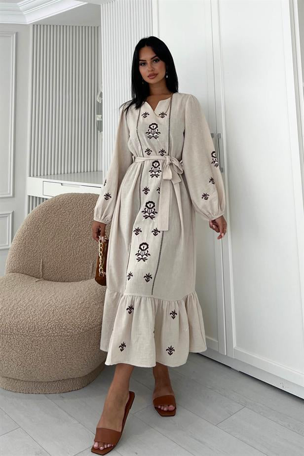 Robe brodée marron/beige