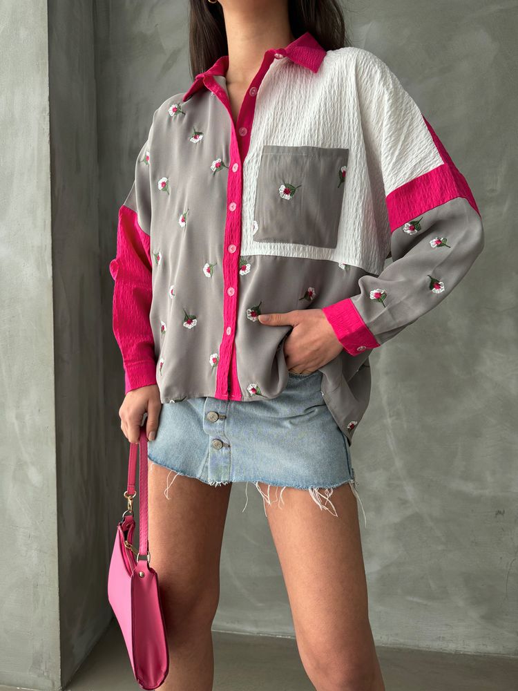 Chemise imprimée grise et fuchsia