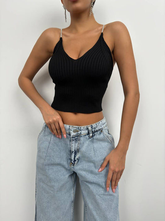 437 - Crop top noir + strass