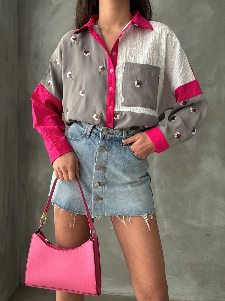 Chemise imprimée grise et fuchsia