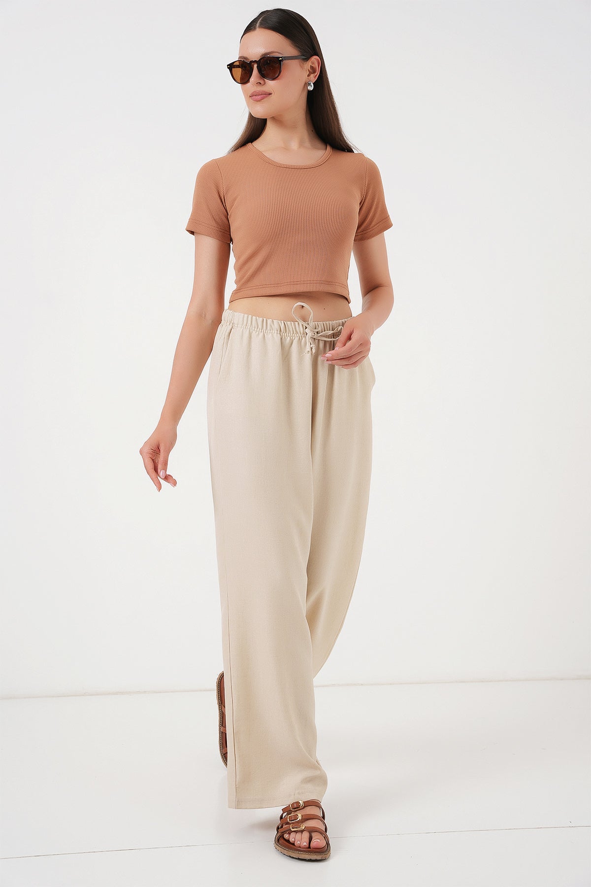 496 - Pantalon large lin beige
