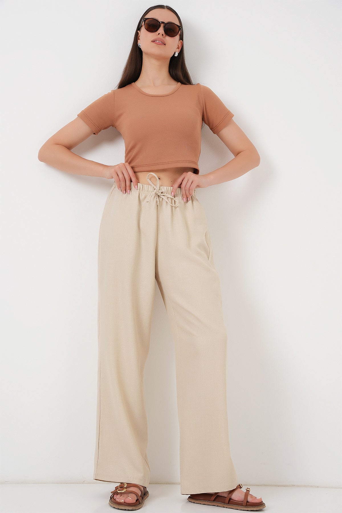 496 - Pantalon large lin beige