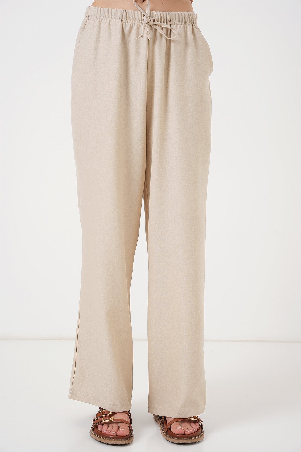 496 - Pantalon large lin beige
