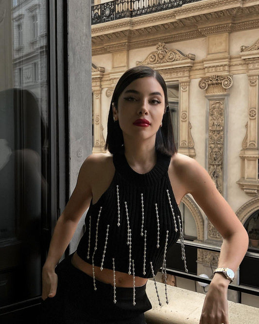 Crop top noir perles