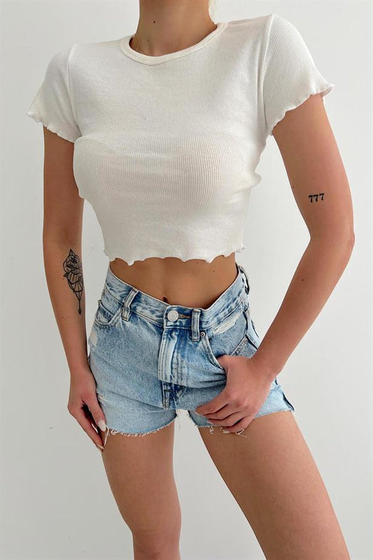 Crop top blanc cotelé