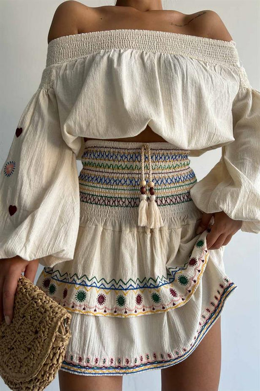 Jupe lin imprimée beige