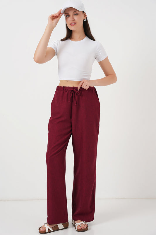 539 - Pantalon large lin bordeaux