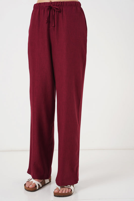 539 - Pantalon large lin bordeaux