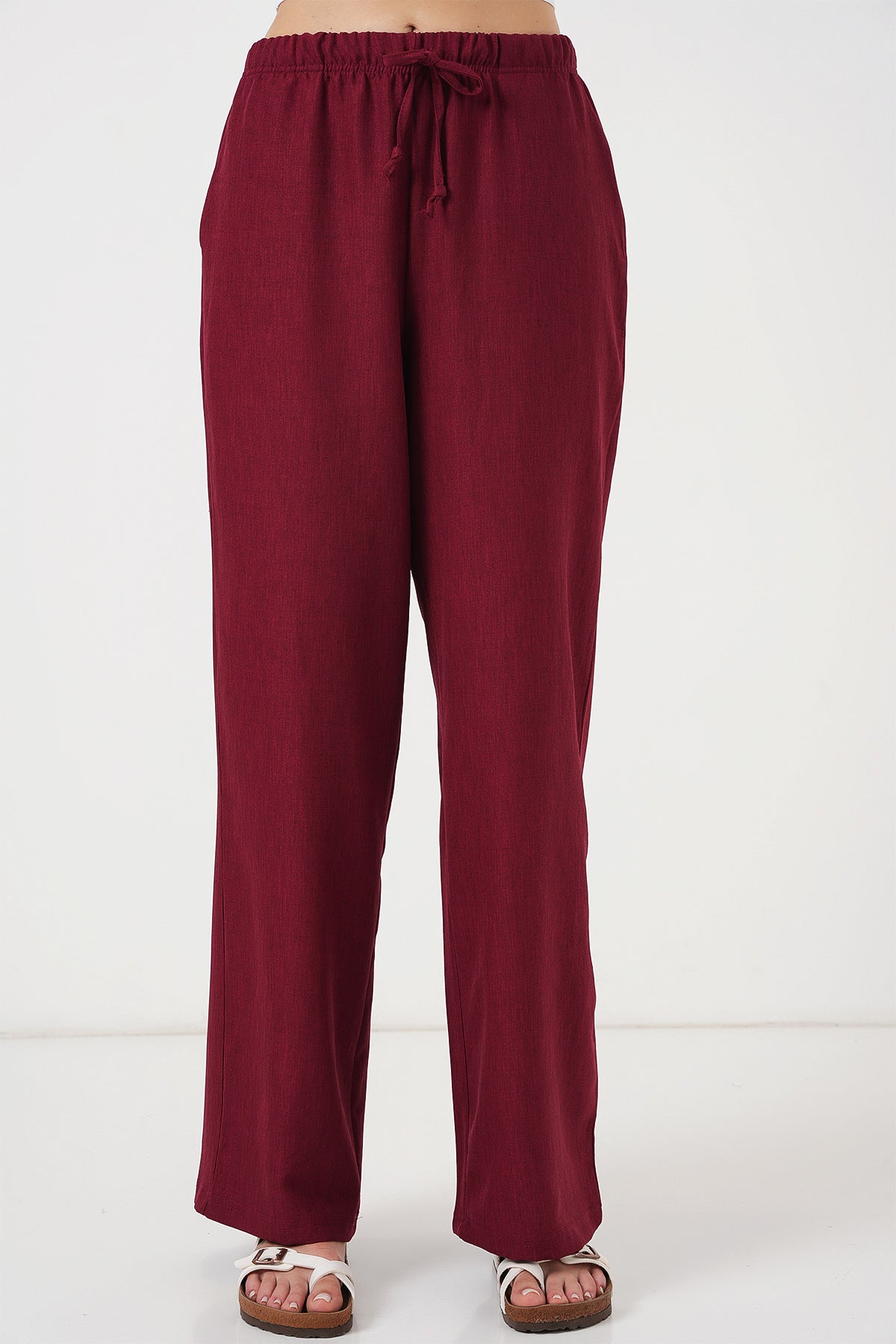 539 - Pantalon large lin bordeaux