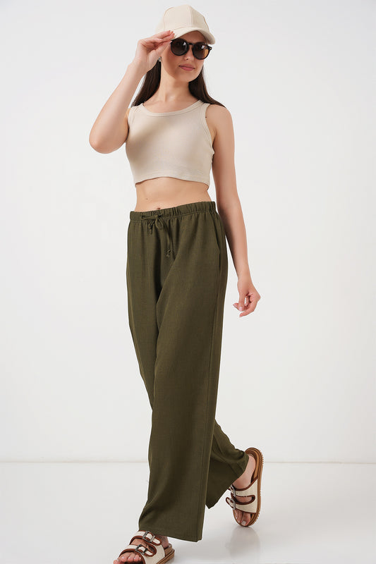 495 - Pantalon large lin kaki