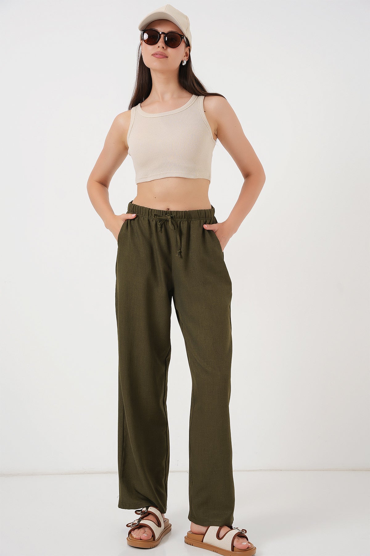495 - Pantalon large lin kaki