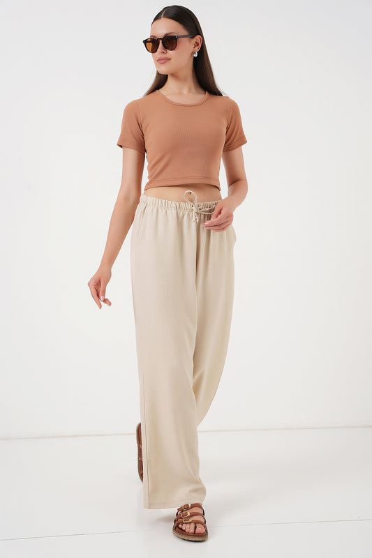 496 - Pantalon large lin beige
