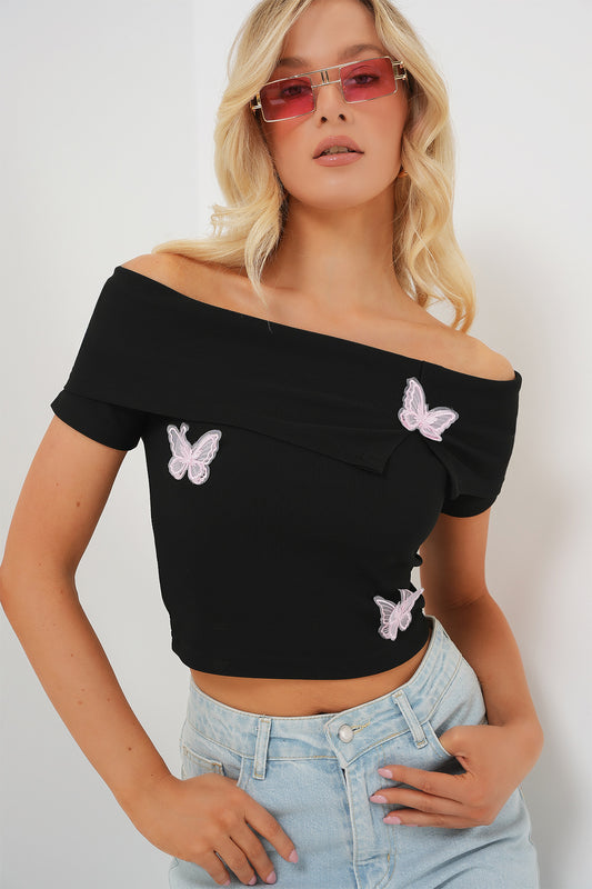 497 - Tee shirt noir papillons